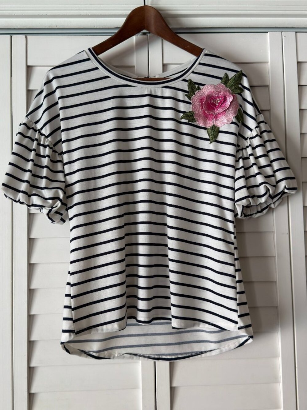 Fyve striped top with short puff sleeves and a pink floral appliqué
